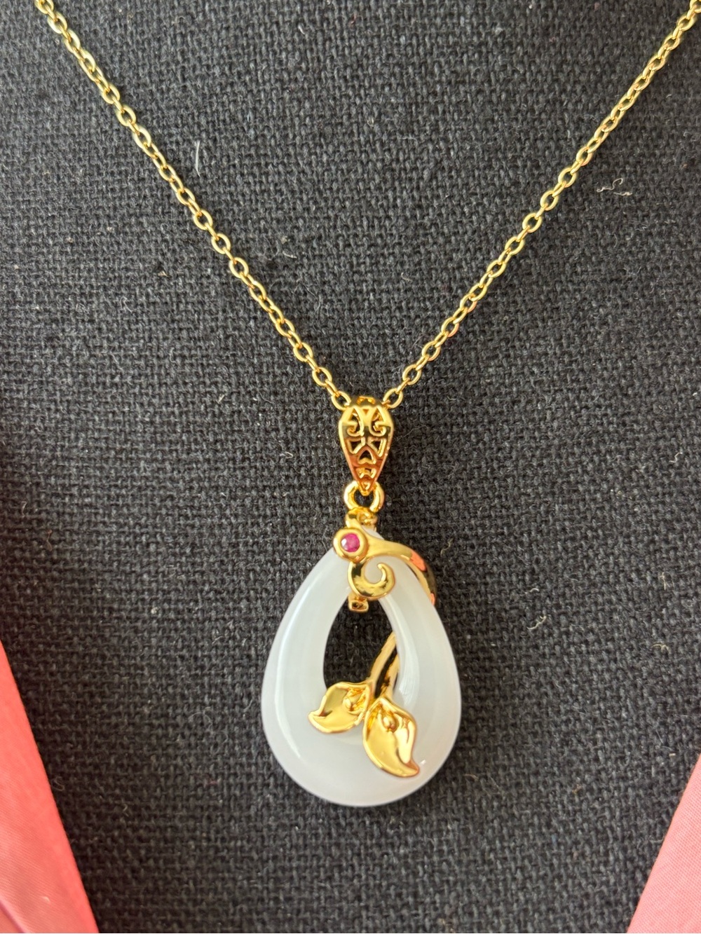 Gold & White Teardrop Jade Pendant Necklace with Pink Accent Stone